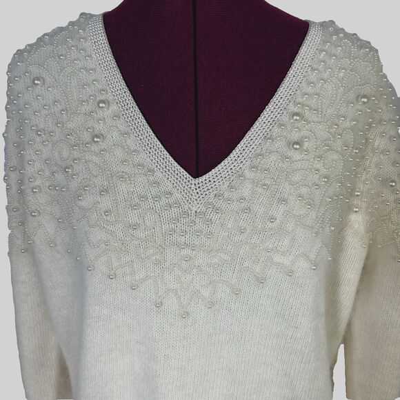 Vintage 80s Side Effects Beaded Ivory Wool Angora Rabbit Hair Sweater Sz M - Picture 1 of 16